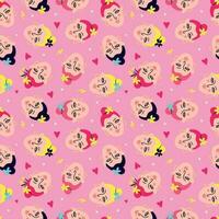 Pink vibrant pattern with comical funny girly faces, vector