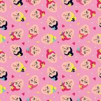 Pink vibrant pattern with comical funny girly faces, vector