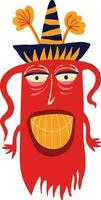 gracioso mexicano rojo demonio en sombrero extraño feo Víspera de Todos los Santos personaje. linda extraño cómic demonio en moderno plano mano dibujado estilo vector