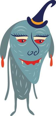 A bizarre strange forest witch in a hat and a funny surprised face. Cute Halloween character