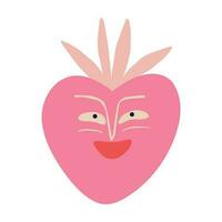 Funny quirky charming pink strawberry with awesome smiling face. Baby berry character. vector