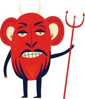 Red devil with a trident. Strange ugly Halloween characters. Cute bizarre comic characters in modern flat hand drawn style vector