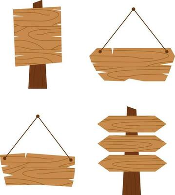 Hanging Wooden Board. signboard in cartoon style isolated on white background Rustic board, plank with place.