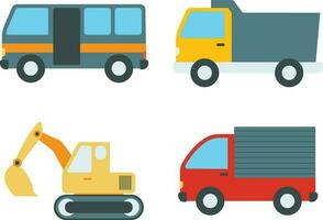 Cute Car Illustration. Taxis and minivans, cabriolets and pickups. Urban, city cars and transport vehicles flat vector icons. Cabriolet and truck, car and bus, car pickup. Vector illustration