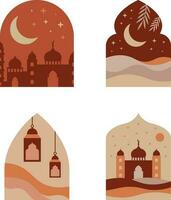 Boho Islamic windows and arches with modern boho design, moon, mosque dome and lanterns. Vector illustration