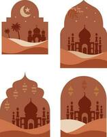 Boho Islamic. style Islamic windows and arches with modern boho design, moon, mosque dome and lanterns vector