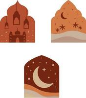 Boho Islamic windows and arches with modern boho design, moon, mosque dome and lanterns. Vector illustration