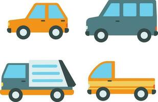 Cute Car Illustration. Taxis and minivans, cabriolets and pickups. Urban, city cars and transport vehicles flat vector icons. Cabriolet and truck, car and bus, car pickup. Vector illustration