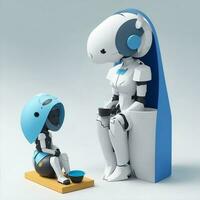 robotic style illustration, a guardian listens to someone's voice through headphones photo