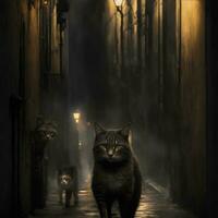callejón gato en un oscuro sucio callejón foto
