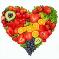 heart shape using fruits and vegetables, on white background photo