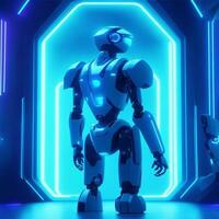 Future tech advanced robot, on neon blue color background photo