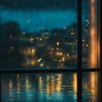 raindrops falling on the windowpane, against the background of blurred city lights illustration photo