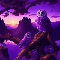 baby purple owls sitting in their nest with sunset view photo
