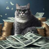 a bespectacled cat along with a pile of money photo