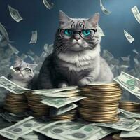 a bespectacled cat along with a pile of money photo