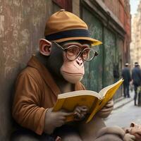 a monkey wearing reading glasses, hat and clothes, is on an urban street, sitting reading a book photo