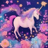 el unicornio con un variedad de vistoso flores corazones y estrellas foto