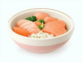 bowl of japanese style rice, with sliced salmon and onions, japanese cartoon style, white background photo