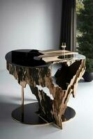 mueble hecho de madera flotante y negro mármol, con oro tonos, ilustración foto