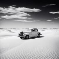 black and white old car in white desert illustration photo