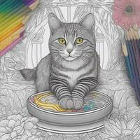 colorante página, mándala, gato sentado en el mesa, vistoso, ilustración estilo, limpiar línea arte, multa línea Arte foto