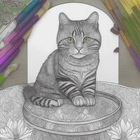 coloring page, mandala, cat sitting on the table, colorful, illustration style, clean line art, fine line art photo