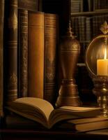 open book with candle in vintage bookstore illustration photo