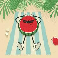 a cute groove style half of a watermelon character lies on  a towel on the  beach vector