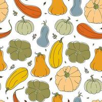 Seamless pattern with colorful pumpkins of different shapes and sprigs of plants vector