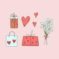 Vector set - gifts, hearts, a bouquet of flowers, holiday packaging.