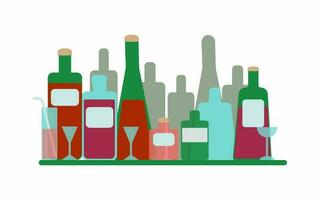 Bar , Collection of different wine bottles with stickers in a row. Vector illustration on isolated background.