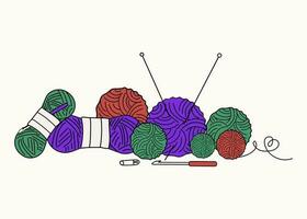 Balls of thread and knitting needles. A set of colored skeins of thread. Vector illustration on a white isolated background.