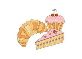 Cakes, croissant doodle. Sweets, dessert, pastries, confectionery. Vector graphics on an isolated background.