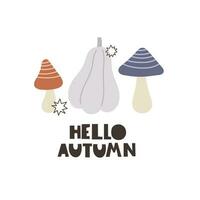 Hello autumn. cartoon pumpkins, mushroom, decorative elements. Season, nature theme. colorful vector illustration, flat style. design for cards, t-shirt print, poster