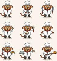 Vector Illustration of Cute Monkey wearing chef uniform. Flat Cartoon Style. Set of Cute Animal Characters in Chef Uniform. Vector illustration in isolated background