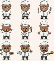 Vector Illustration of Cute Bear wearing chef uniform. Flat Cartoon Style. Set of Cute Animal Characters in Chef Uniform. Vector illustration in isolated background