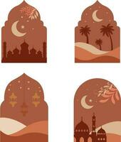 Boho Islamic. style Islamic windows and arches with modern boho design, moon, mosque dome and lanterns vector