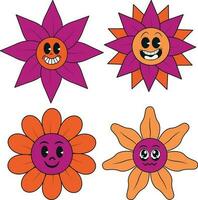 Groovy Flower Retro. Funny happy daisy with eyes and smile. Sticker pack in trendy retro trippy style. Isolated vector illustration.