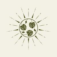 Tropical sun and leves natural logo design. Bohemian style icon. vector