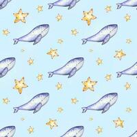 Seamless marine pattern with whales, gold stars,on a blue background. Watercolor vector