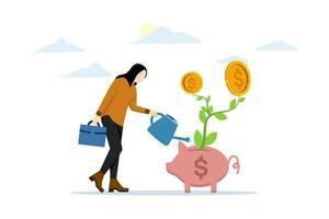 concept Investment growth is investment or income. strategies and techniques across asset types. success in wealth management. Businesswoman, investor watering money growing from piggy bank. vector