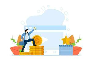 Concept of blog monetization, earn money on internet, online income. Men make money online on video hosting. Successful bloggers monetize video blogs. Vector illustration in flat shape for design.