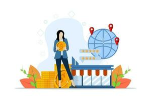 Business industry concept, franchising, bizopp, distribution. Businesswoman standing with coins and buying franchise remotely. Buying a finished business. Flat vector illustration in background.