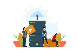 Cloud Storage Concept, Showing people working in cloud sync center Computer technology, data storage in cloud server, online storage access, Flat Vector Illustration on a white background.