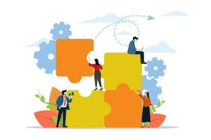 teamwork together in company, people putting together puzzles, solving problems in business, business leaders set construction process vector, Vector illustration, flat on white background.