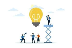 Innovation Concept with Light Bulb. Creative Idea, Imagination, Businessman Characters Working Together on New Project. generate new ideas. Flat vector illustration on a white background.