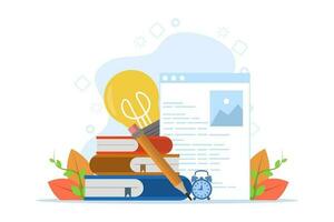 Concept of copywriting, journalism, writing, copyright ideas, blogging, smm, management. Stacks of books, content, pencils, light bulbs, alarm clocks. Vector illustration in flat design on background.