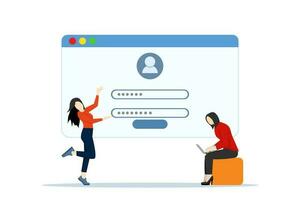 Registration or register user interface. People use secure logins and passwords, authorization of account data. Characters use personal data security. Online registration forms mobile technology. vector