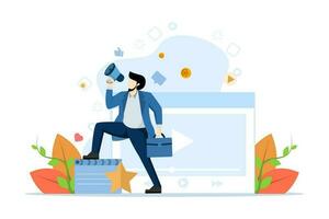 Streaming cinema concept. Video marketing concept, online cinema. Man with megaphone promoting and watching streaming service with clapper. Vector illustration for UI, web banner, mobile app